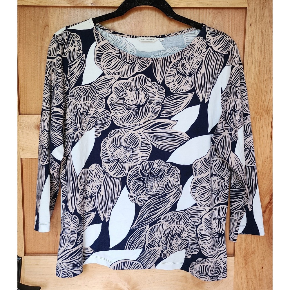 Marimekko 100% Cotton Blue Floral LARGE 3/4 Sleeve Top Designer Luxe Elegant
